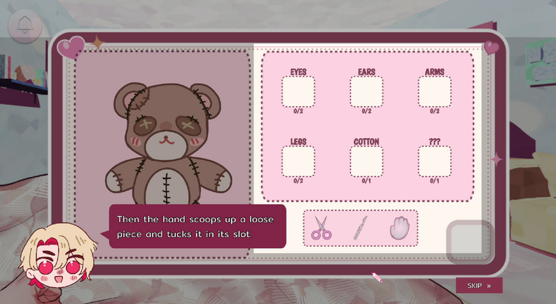 Teddy bear disassembly minigame with tools and sorting spaces